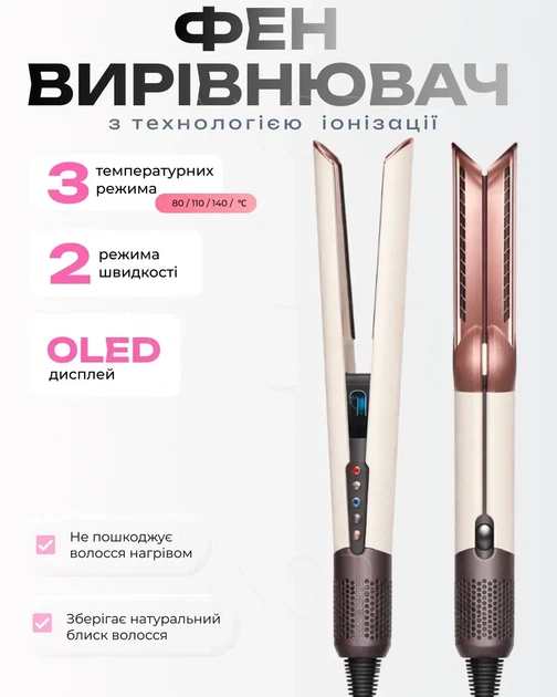 Фен-випрямляч для волосся AirStrait &laquo;Сакура&raquo; 2в1 з іонізацією &ndash; стайлер для сушіння та вирівнювання волосся 604 фото